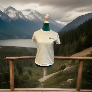 Céline Paris 2X265545F White Logo T-Shirt Gold Detail Women's Small